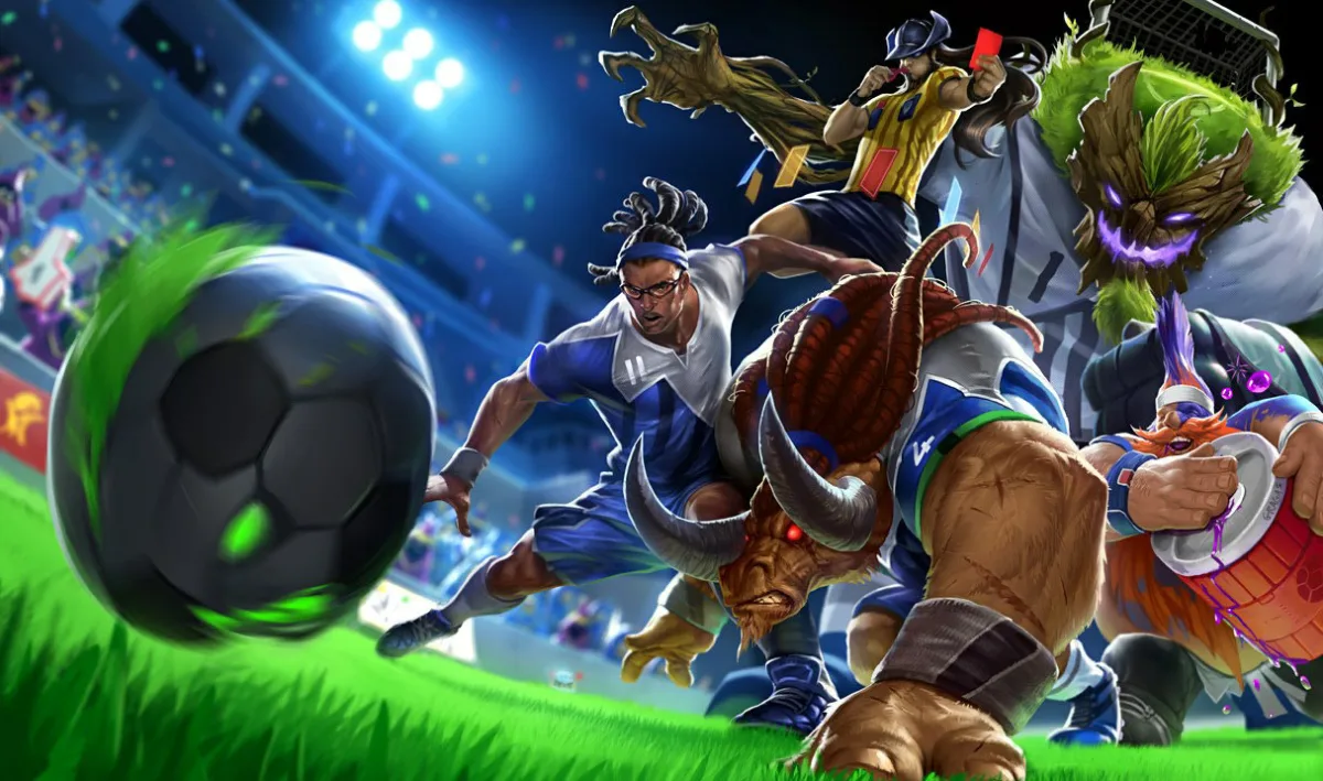 Striker Lucian sprinting beside football-themed champions