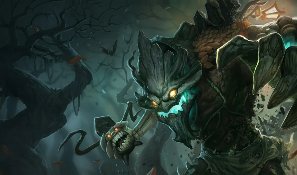 Haunted Maokai lunges through a dark graveyard forest with pale cracked bark, glowing amber eyes and a cyan mouth, holding a small toothy creature in his other hand.