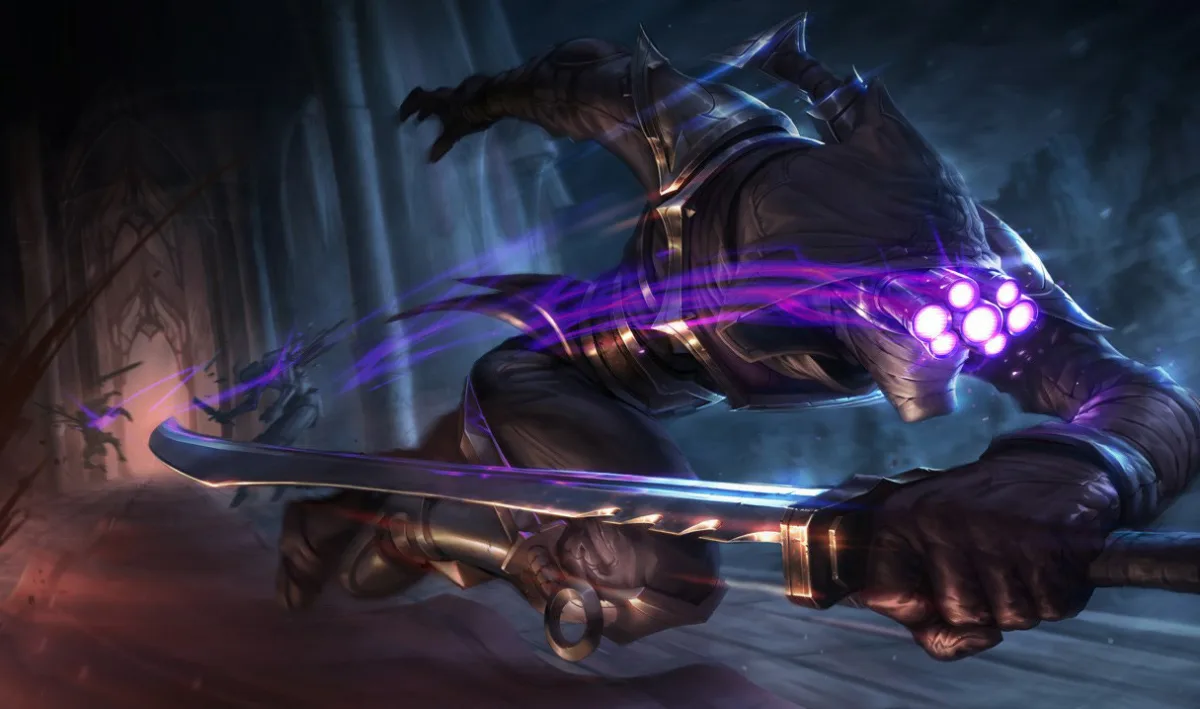 Assassin Master Yi crouching with a narrow steel blade