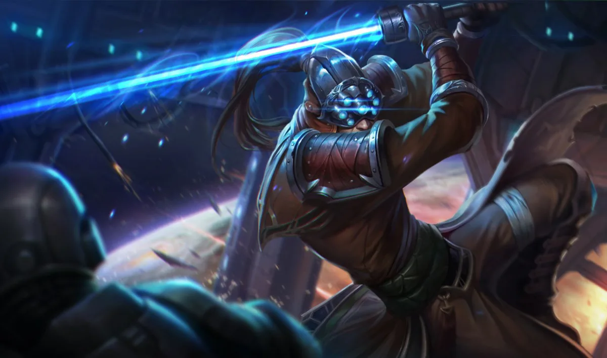 Chosen Master Yi raising a bright blue energy blade