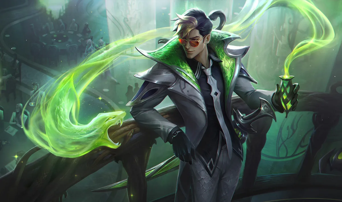 Debonair Master Yi posing in a green evening suit