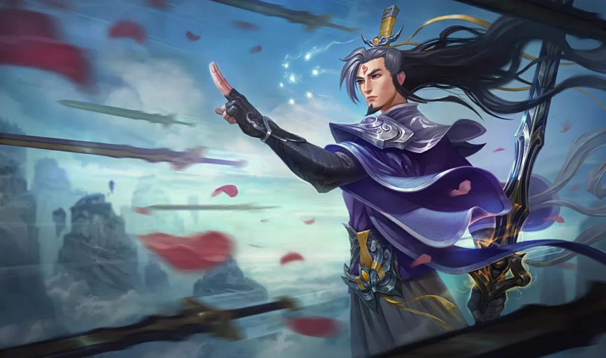 Eternal Sword Yi levitating above an ancient mountain school