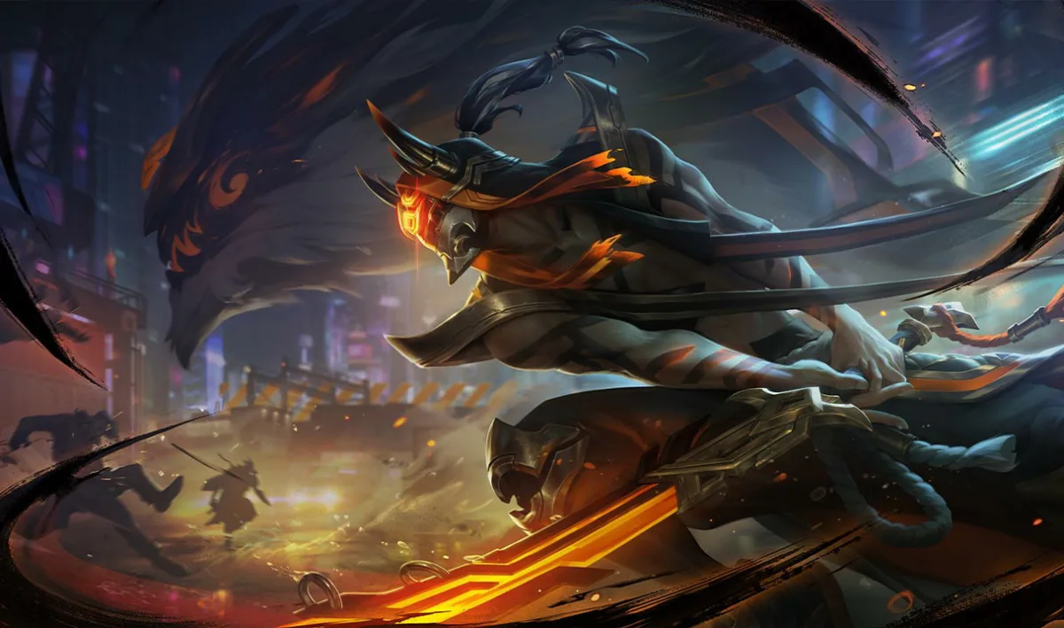 Inkshadow Master Yi drawing an orange ink blade above a city
