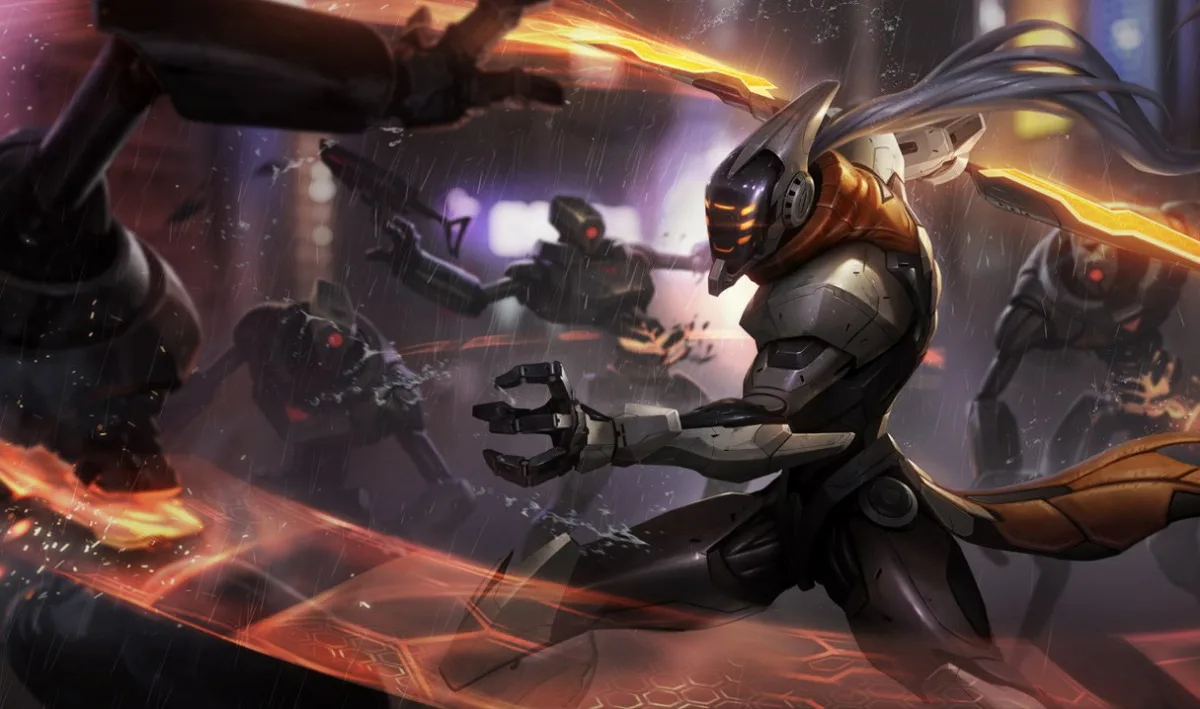 PROJECT Yi crouching behind an orange energy sword
