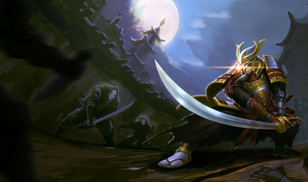 Samurai Yi standing before a red fortress gate