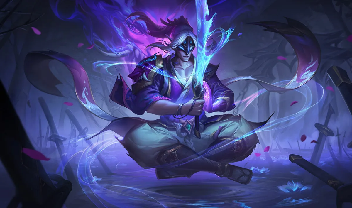 Spirit Blossom Master Yi seated beside a glowing blue blade