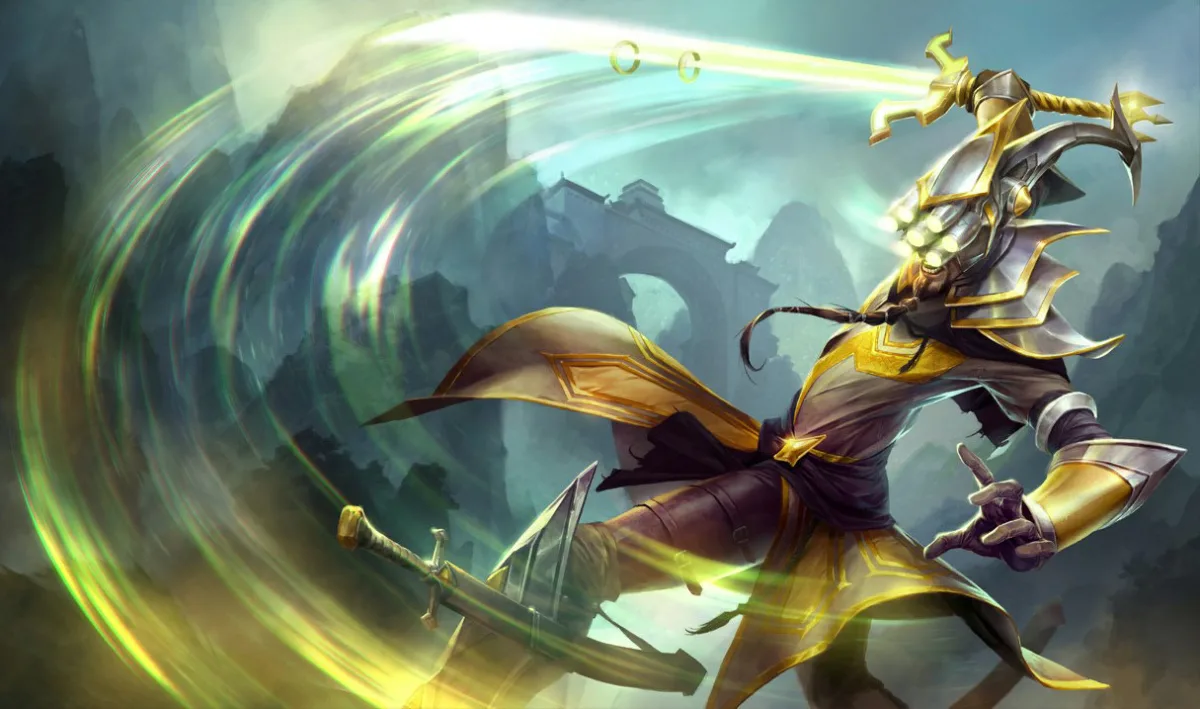 Master Yi holding his Wuju blade on an Ionian battlefield