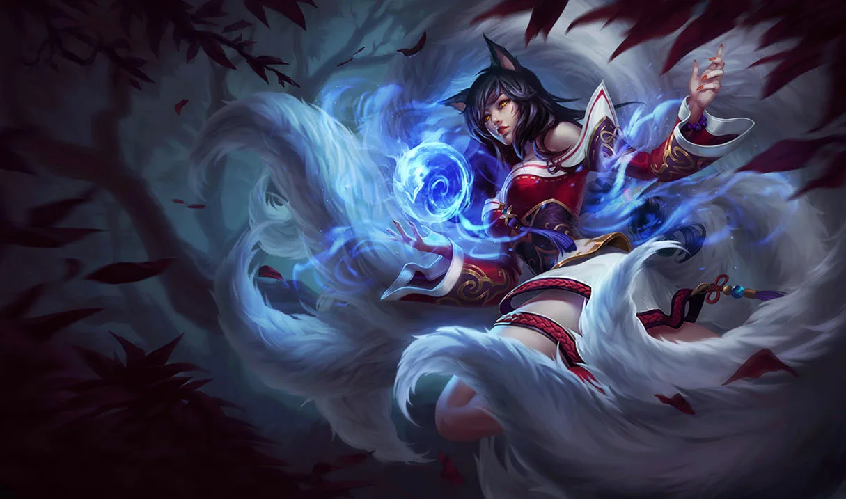 Ahri conjuring blue magic among dark trees in official League of Legends splash art