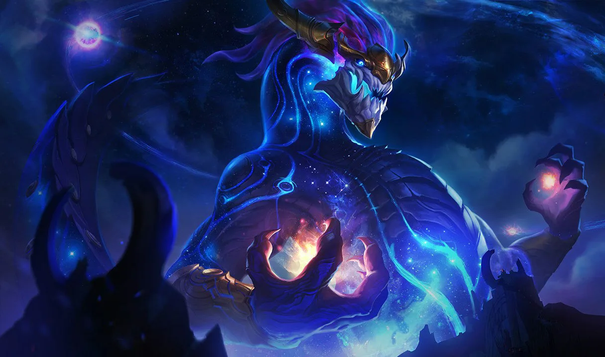 Aurelion Sol flying through the stars in official League of Legends splash art