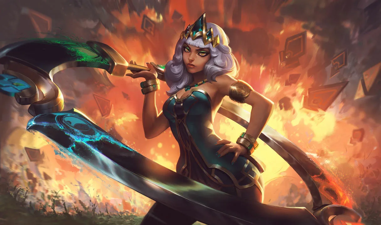Qiyana wielding the Ohmlatl in official League of Legends splash art