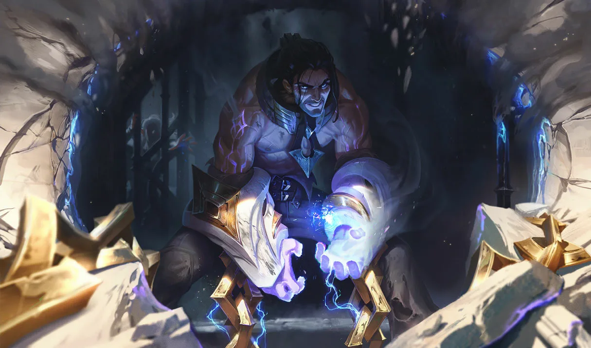Sylas breaking free with petricite chains in official League of Legends splash art