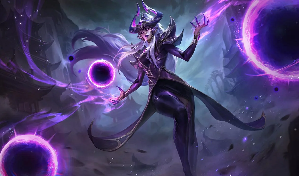 Syndra controlling dark spheres in official League of Legends splash art