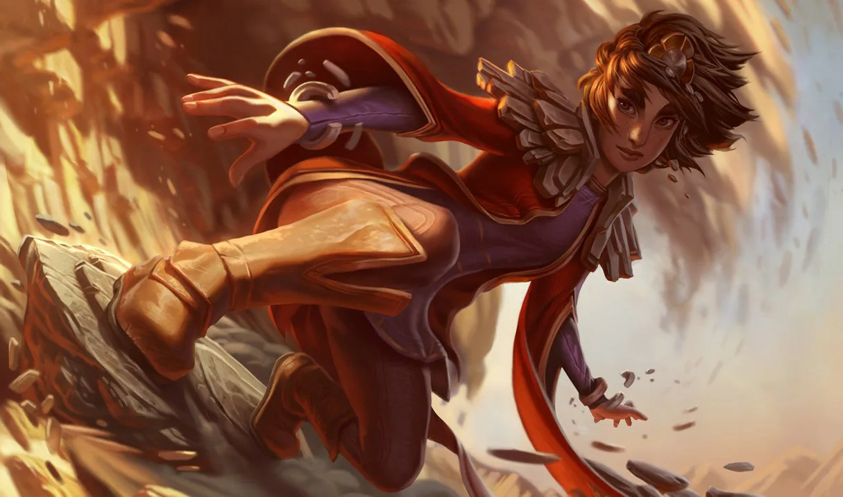 Taliyah riding a stone wave in official League of Legends splash art