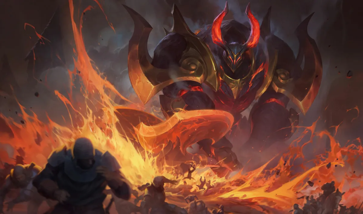 Infernal Mordekaiser swinging a burning mace above a village consumed by fire