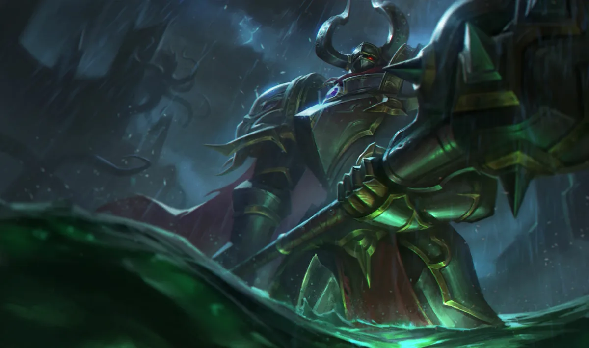 Lord Mordekaiser in dark green armor with a red cloak and massive mace