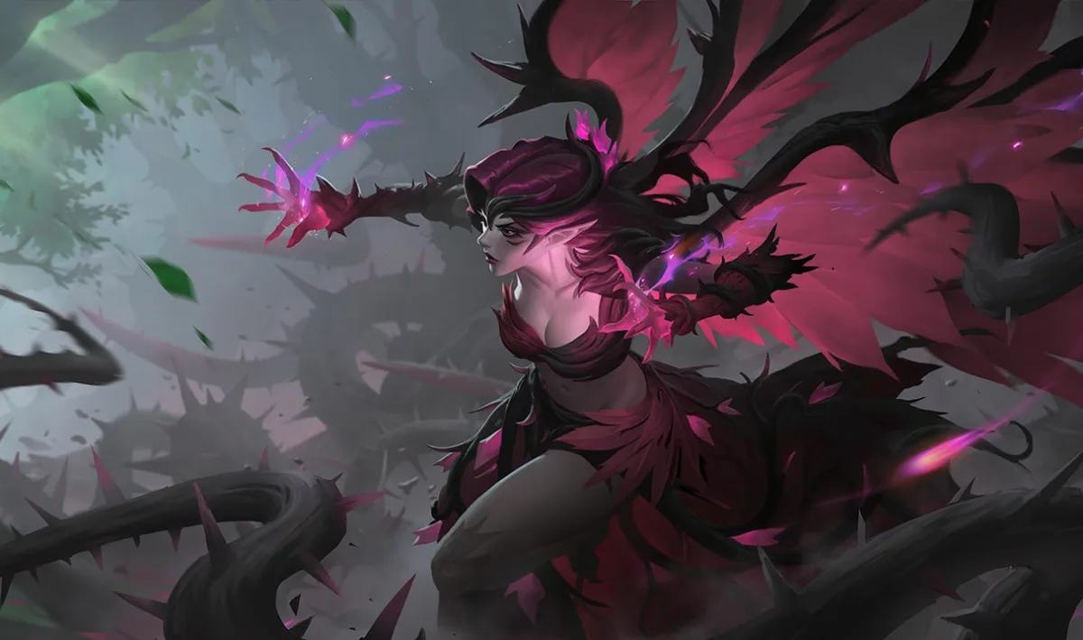 Blackthorn Morgana attacking through a forest of red thorns