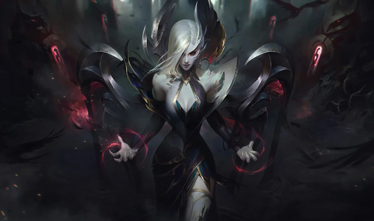 Coven Morgana standing in a black forest with red magic around her hands