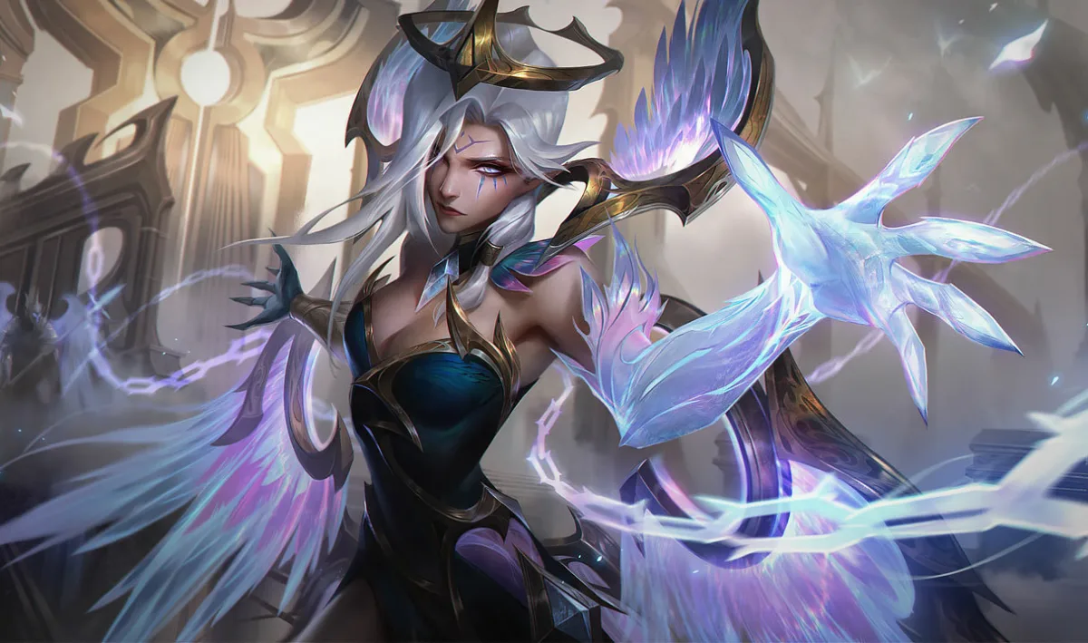 Dawnbringer Morgana extending crystalline wings of white and blue light
