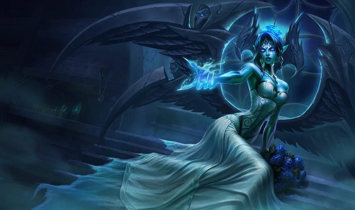 Ghost Bride Morgana drifting through a blue crypt in a torn wedding gown