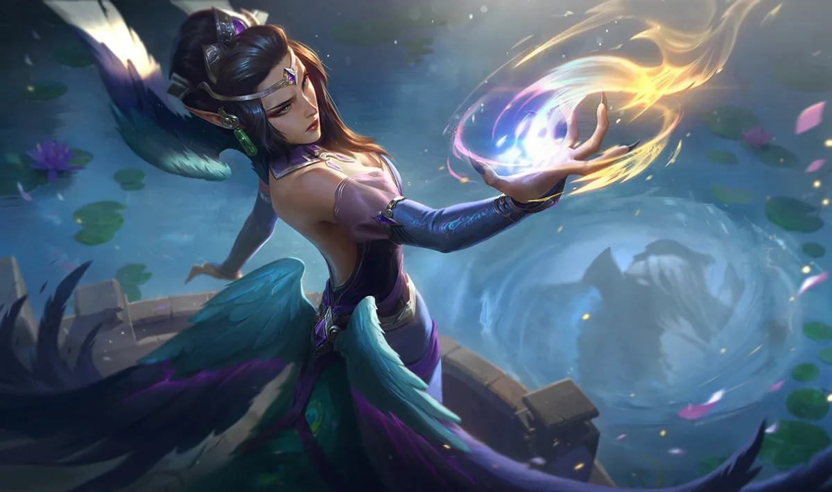 Majestic Empress Morgana shaping gold and violet magic beside a lotus pond