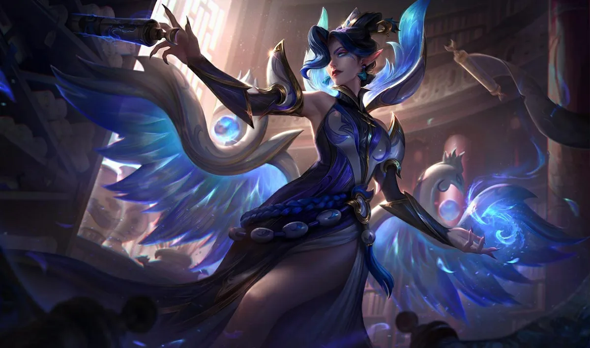 Porcelain Morgana conducting blue magic through her winged relic