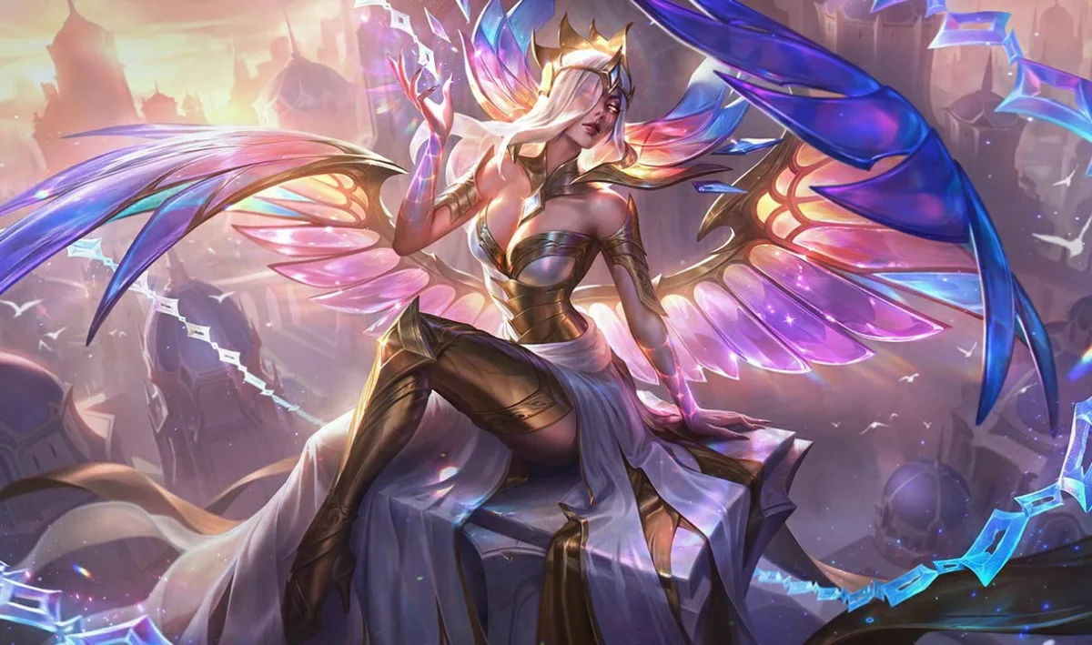 Prestige Veiled Lady Morgana framed by rose, blue, and gold crystalline wings