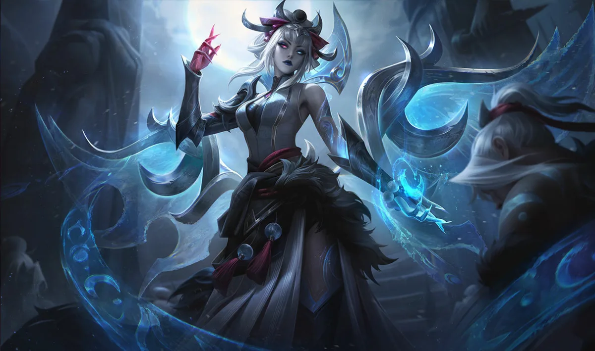Snow Moon Morgana holding blue spectral chains in a frozen shrine