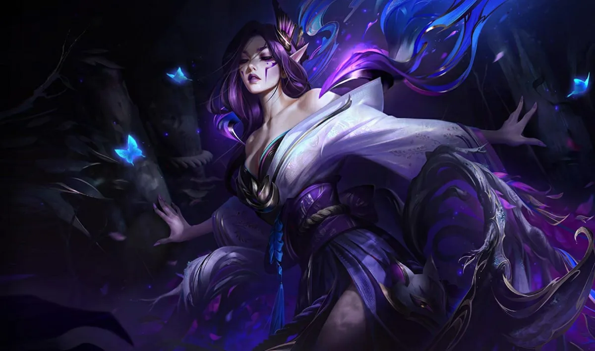 Spirit Blossom Morgana emerging from a violet grove in official splash art