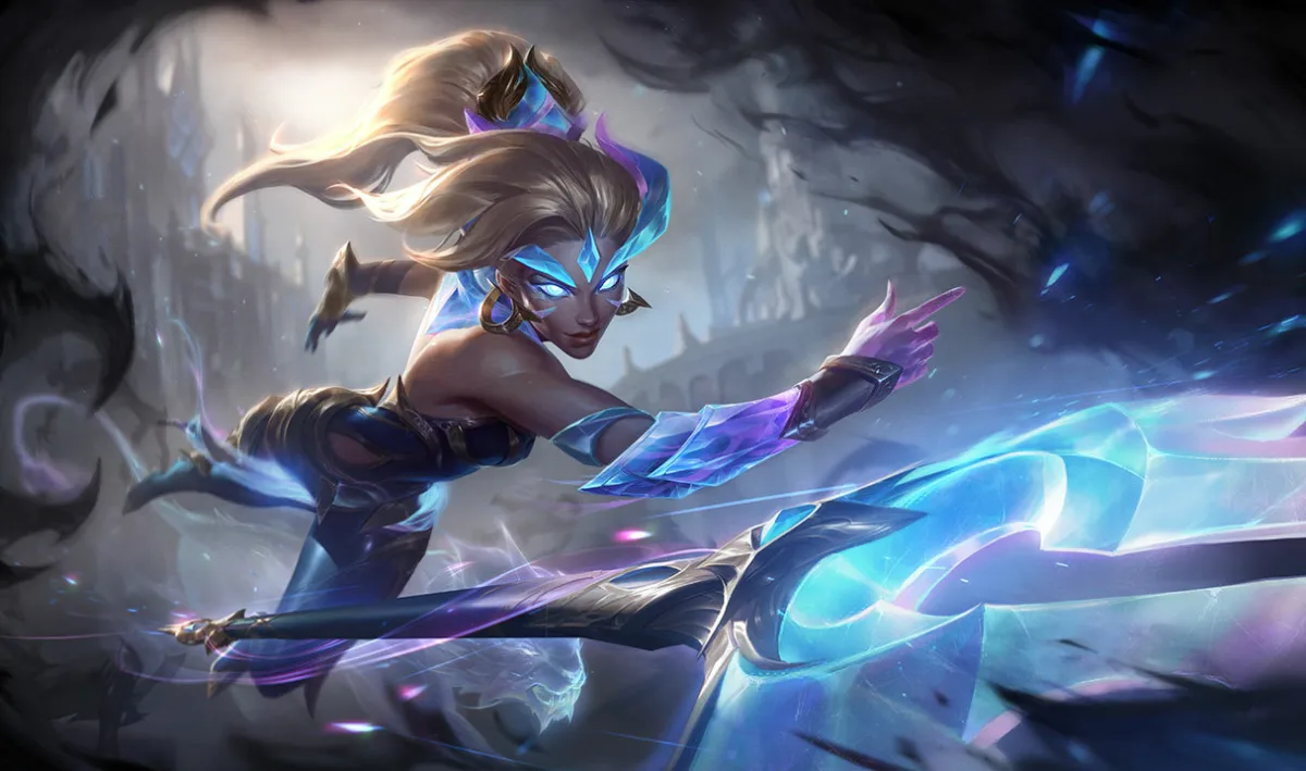 Dawnbringer Nidalee lunging forward with a crystalline blue spear and pale cougar