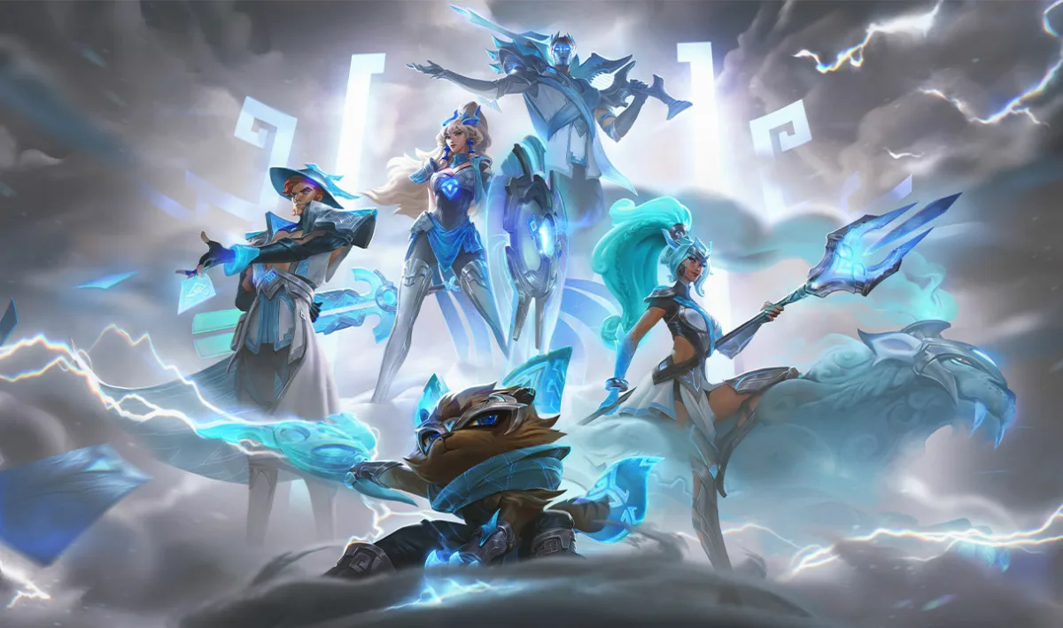 DWG Nidalee standing at the center of a white and blue championship team