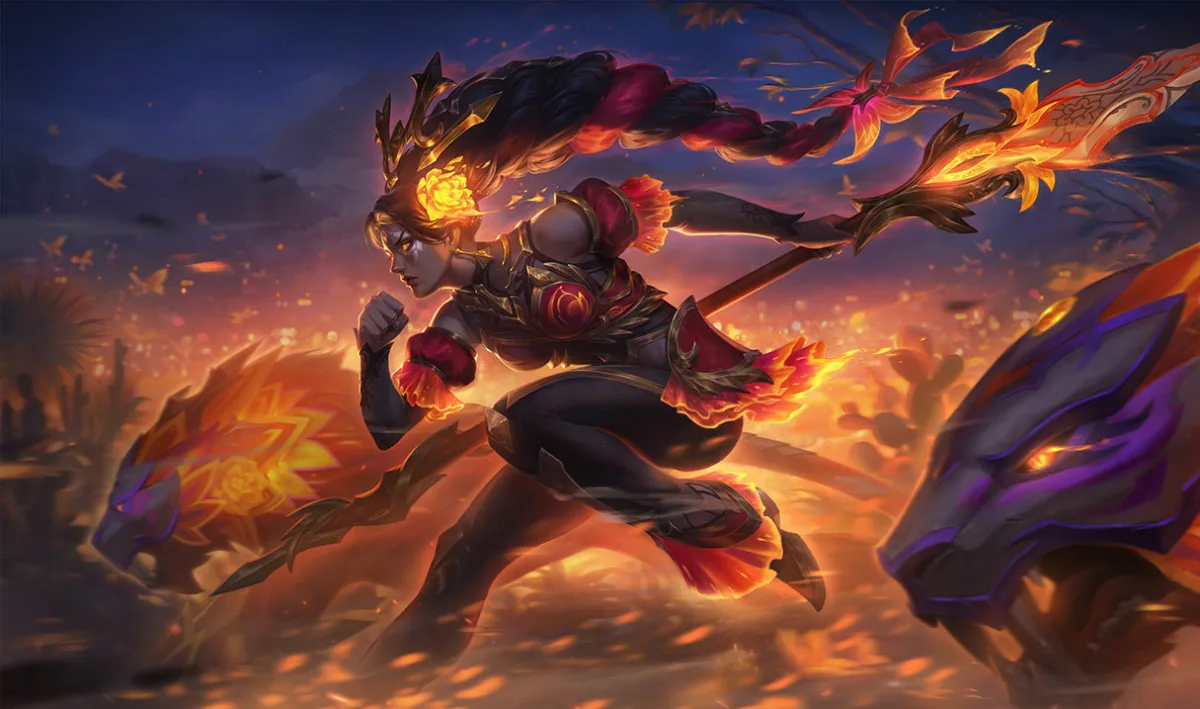 La Ilusión Nidalee charging beside a fiery jaguar through a field of marigolds