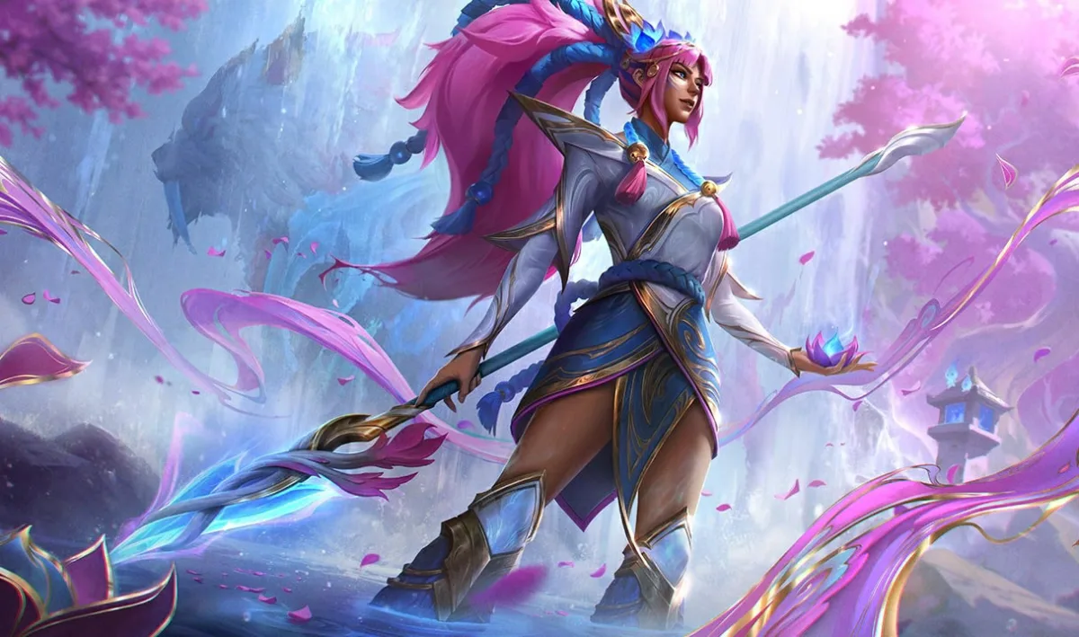 Spirit Blossom Nidalee standing beside a luminous blue cougar in a pink Ionian grove