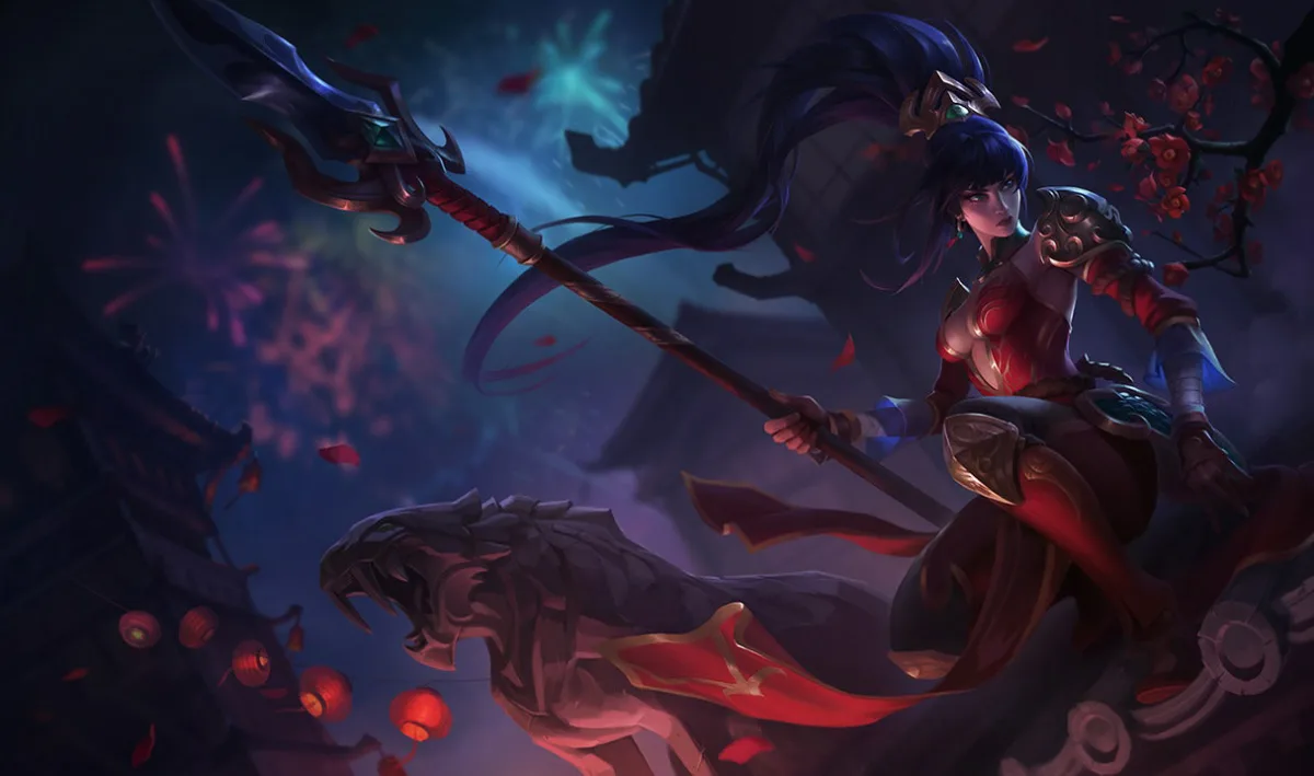 Warring Kingdoms Nidalee walking beside a dark tiger in red ceremonial armor