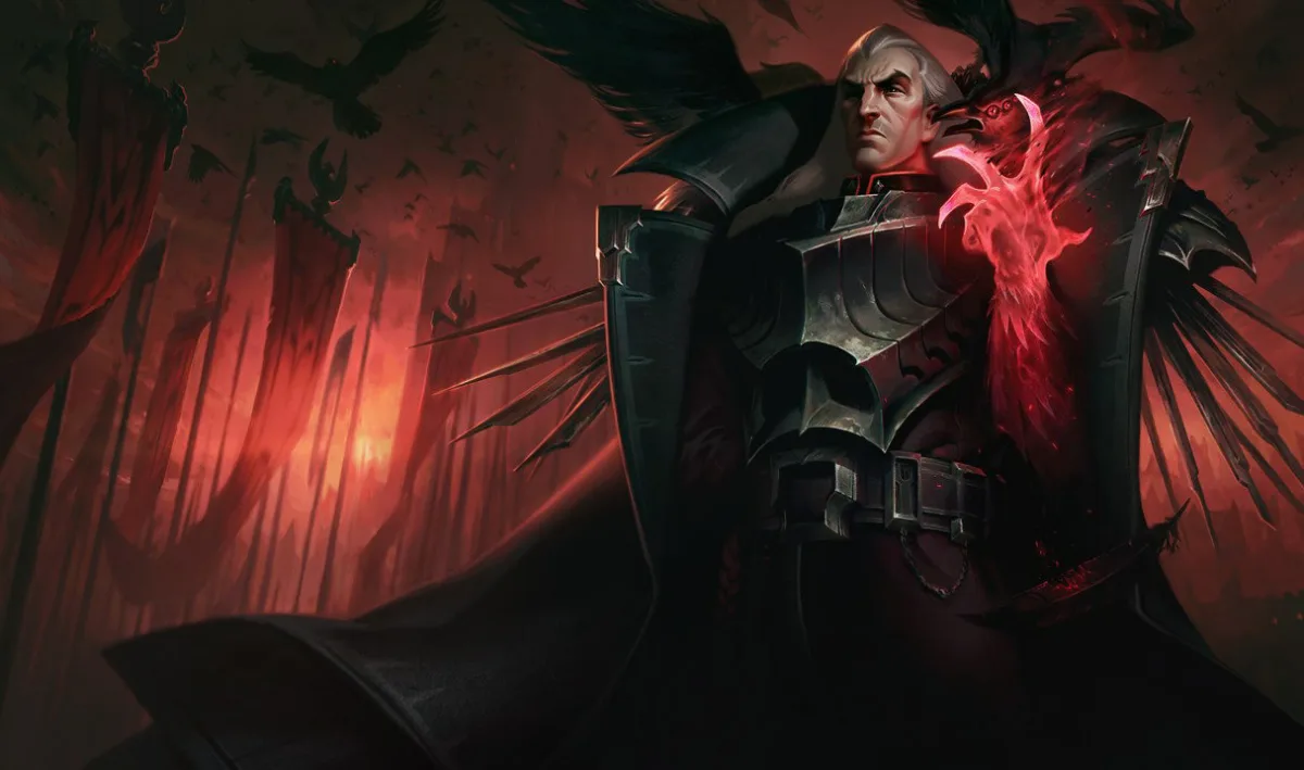 Swain stands in a high black collar with a glowing red demonic arm while ravens circle a red-lit fortress