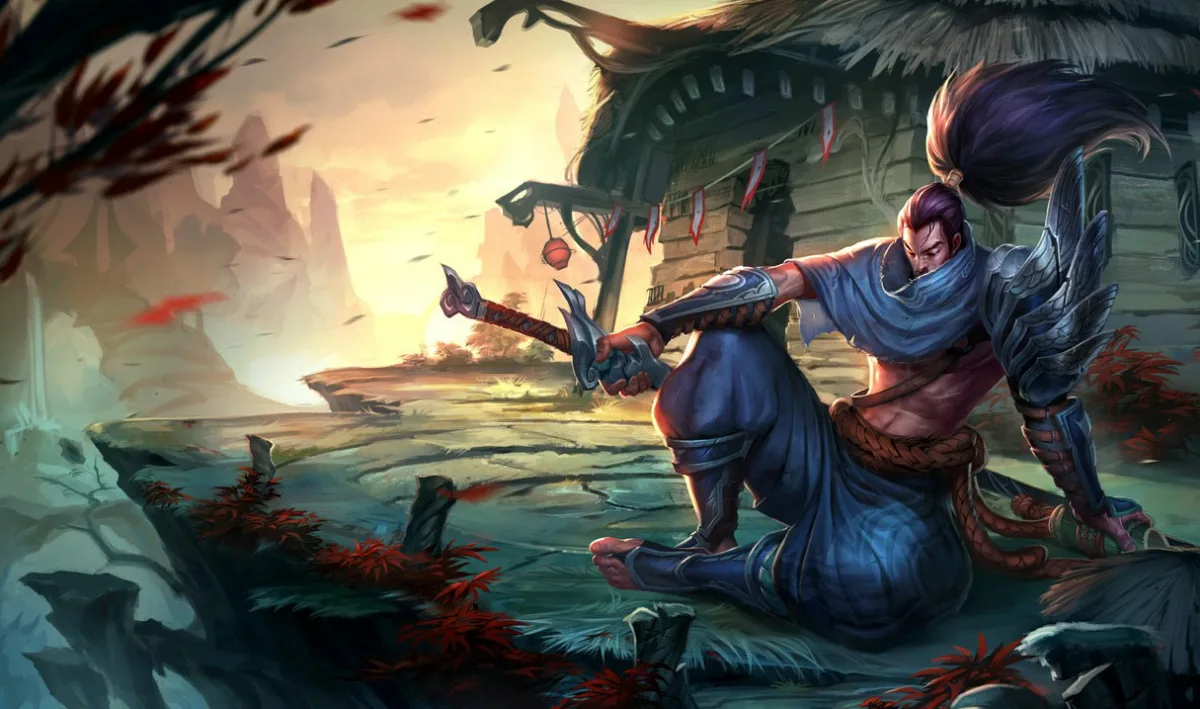Yasuo crouches beside a drawn sword outside a wooden building, with a blue scarf and long tied hair