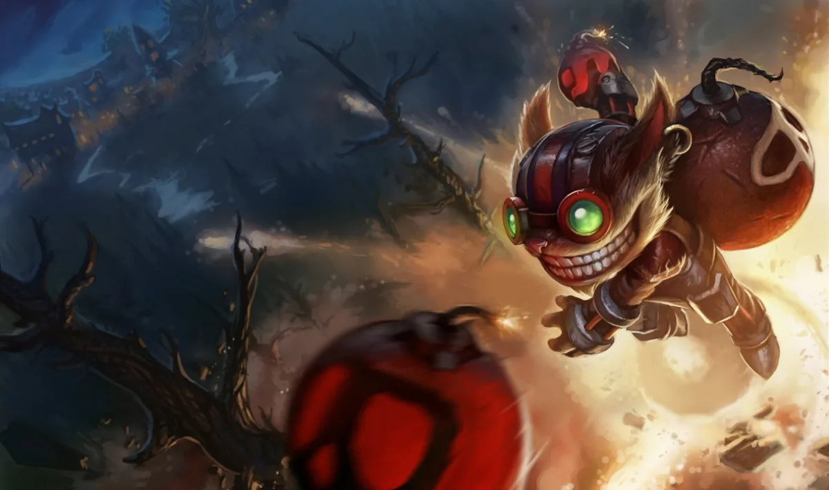 Ziggs wearing glowing green goggles throws a red bomb while an explosion lights the ruins behind him