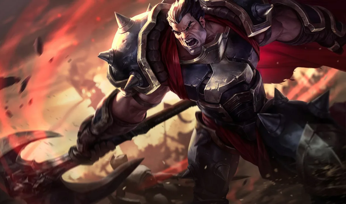 Darius raising his axe on a burning battlefield