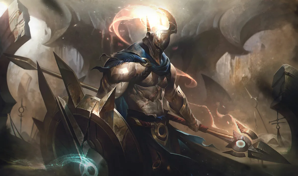 Pantheon holding a spear and shield beneath a bright sky