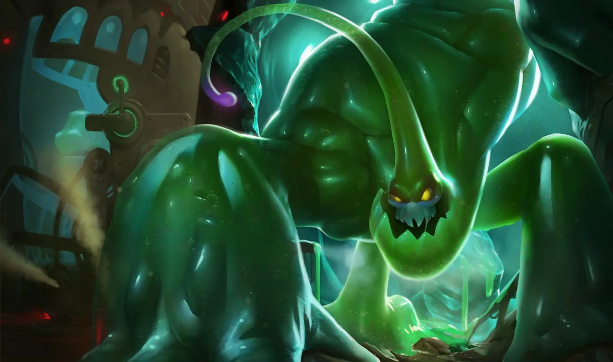 Zac stretching through the streets of Zaun in official League of Legends splash art