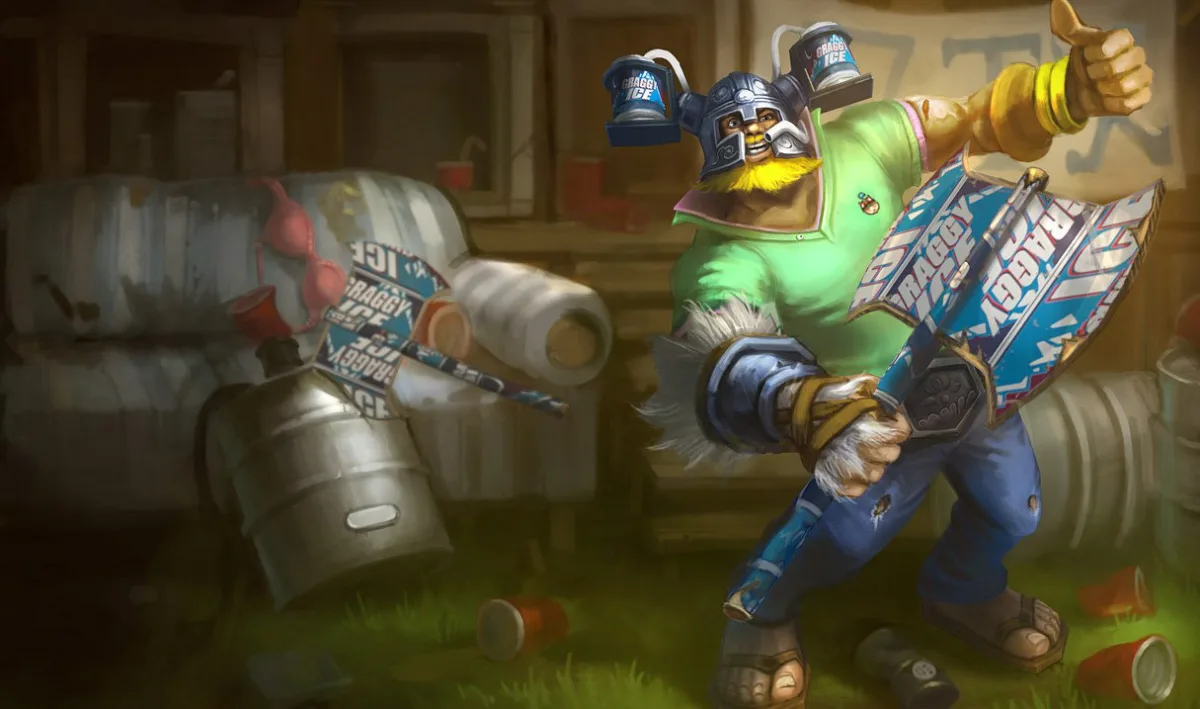 Brolaf wearing a green polo shirt, sandals, and a beer-can helmet while holding cardboard beer-branded axes