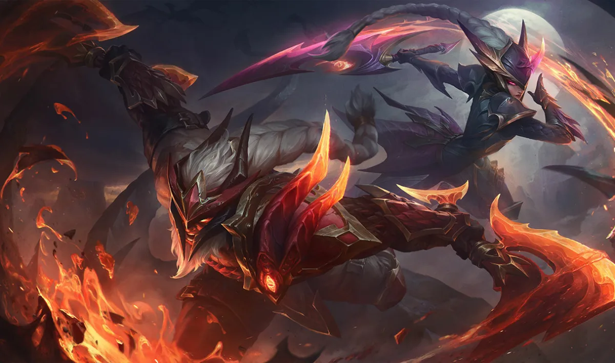Dragonslayer Olaf in red-and-black dragon-shaped armor wielding glowing orange axes, with Diana behind him