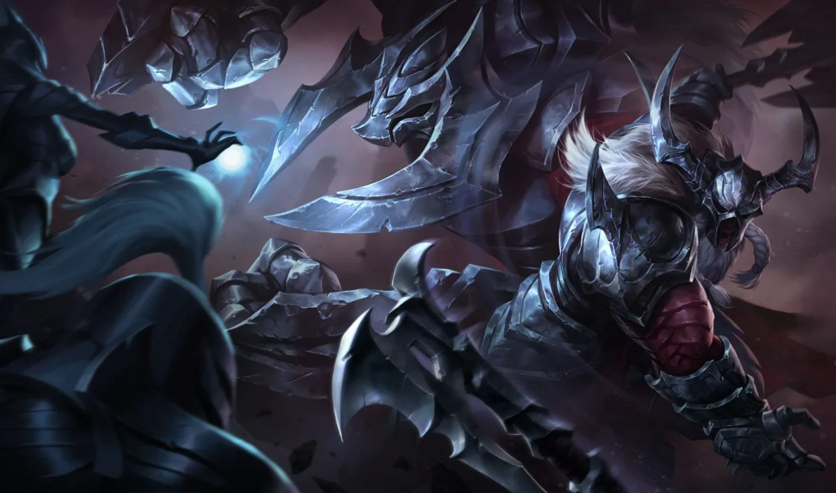 Marauder Olaf on the right in dark spiked plate armor with a white fur collar and two heavy steel axes