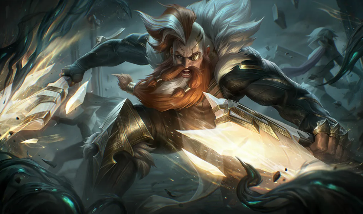 Sentinel Olaf with an eyepatch, white fur collar, dark armor, and two bright gold-and-white axes