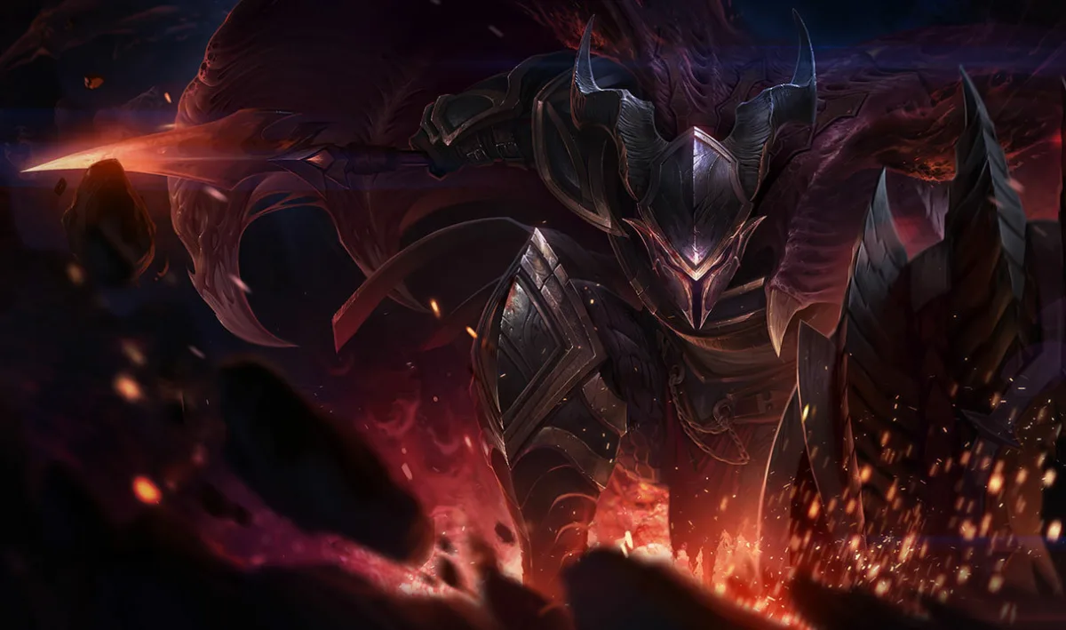 Dragonslayer Pantheon fighting a dragon in scorched black armor