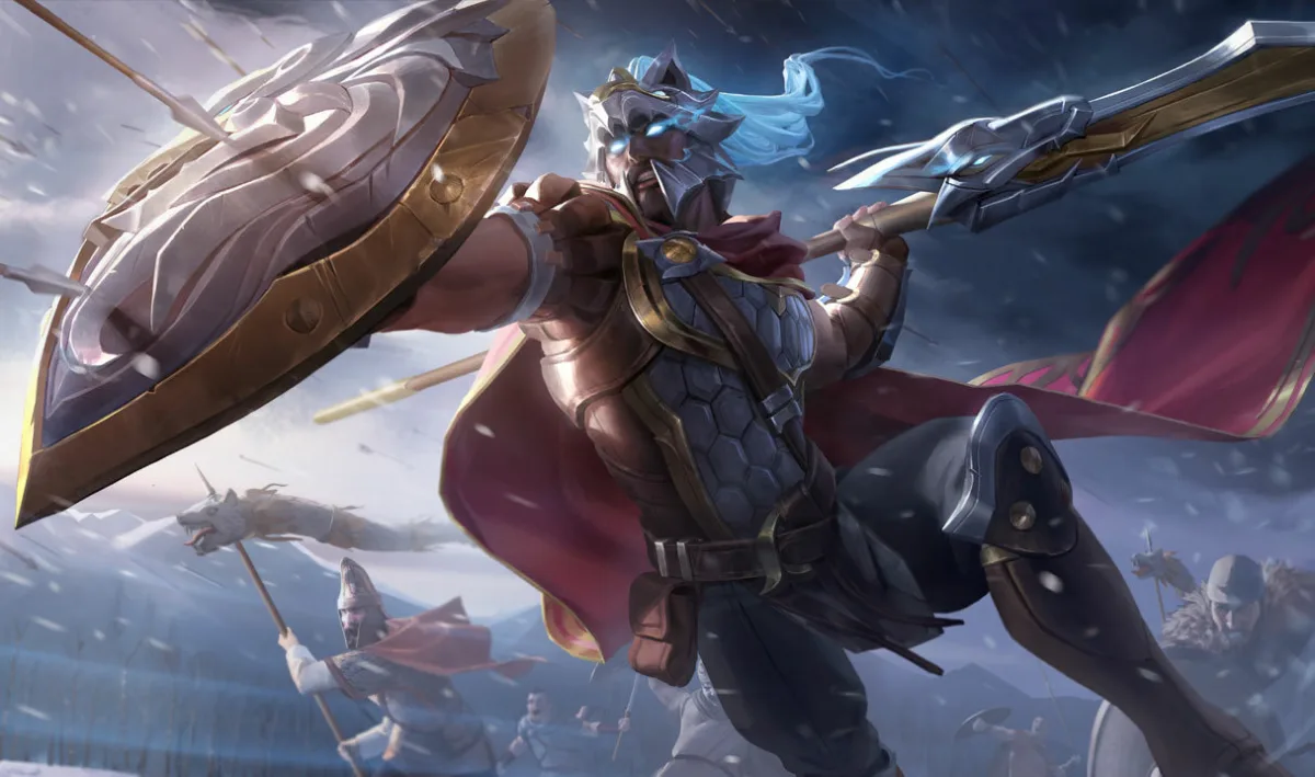 Glaive Warrior Pantheon riding into battle with a silver shield and wolf standard