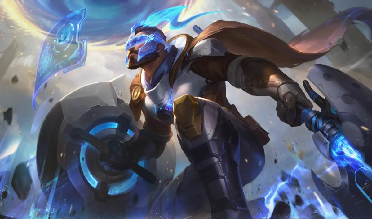 Pulsefire Pantheon carrying a blue energy spear and circular shield