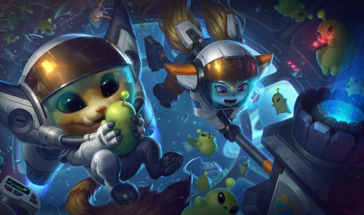 Astronaut Poppy floating beside Gnar in white space suits, with her blue-lit hammer in the foreground