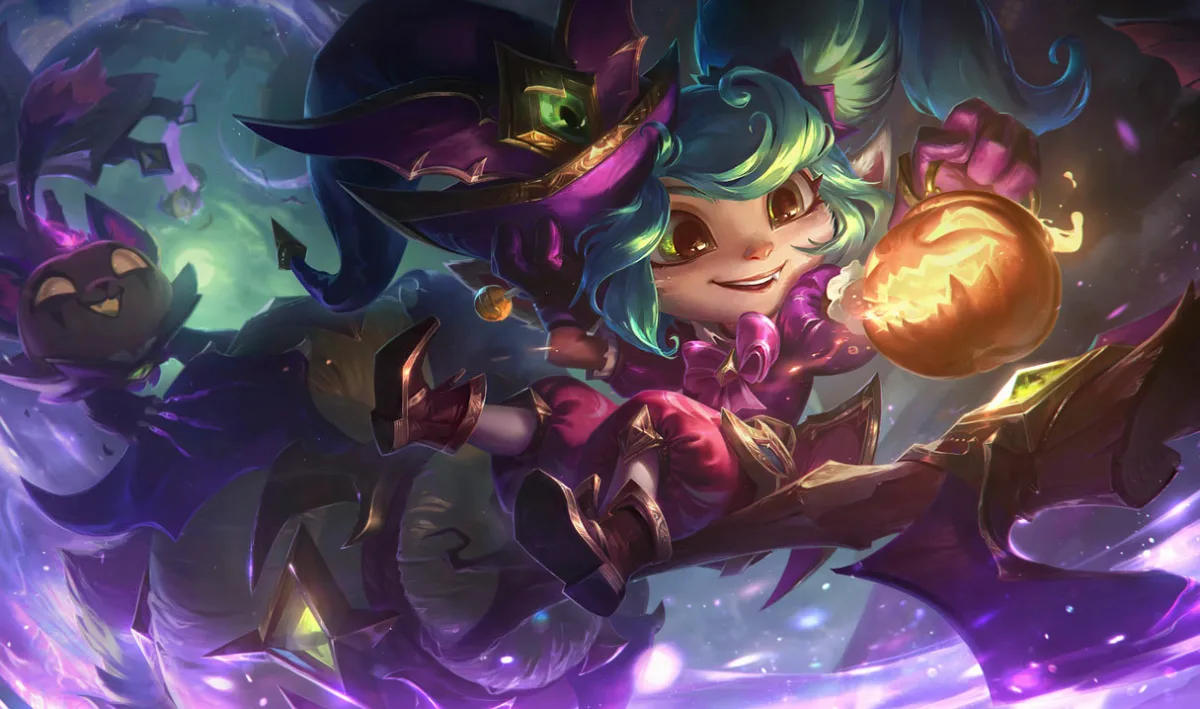 Bewitching Poppy wearing a purple witch hat and holding a glowing pumpkin bucket beside a large broom-like hammer