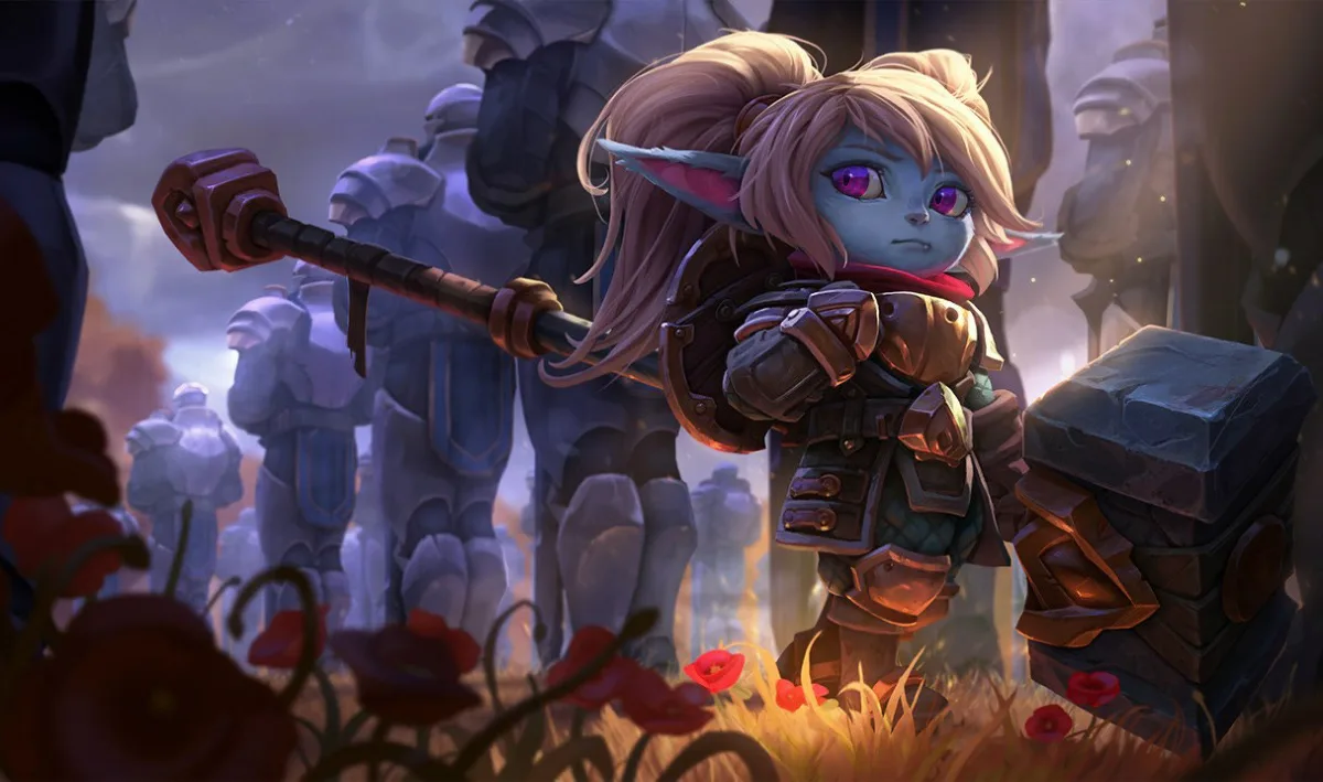 Poppy resting her enormous hammer on one shoulder among stone statues and red flowers