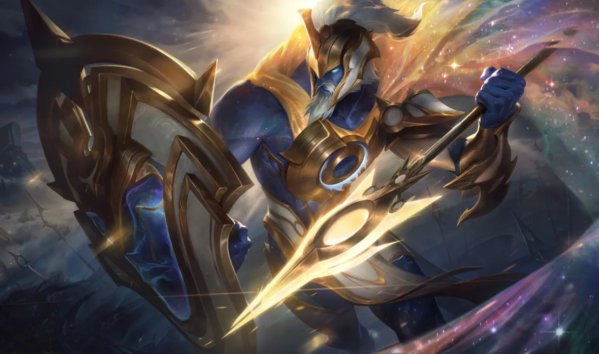 Prestige Ascended Pantheon raising a star-filled shield and golden spear